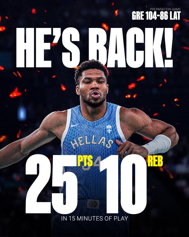 游戏试玩模拟器-字母哥欧锦赛热身赛首秀🔥15分钟12中9爆砍25分10板3助2断2帽